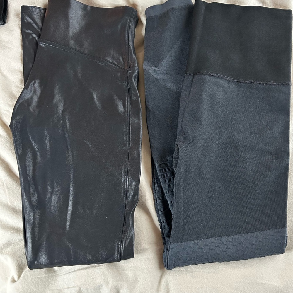 Spanx Black Faux Leather and Matte Black Moto Leggings Bundle L Large